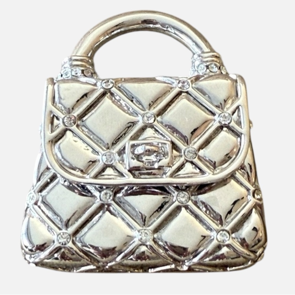 St John Vintage Silver Toned/Rhinestone Quilted Purse Brooch Very Good Condition - Picture 2 of 9